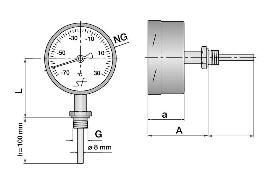 Descripcion de un termometro de esfera bimetalico