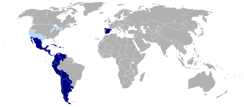 Las zonas marcadas en azul marino son los lugares dle mundo en los que se habla mas el idioma hispano