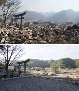 Terremoto sucedido en Japon en 2011, antes y despues del suceso. La fao se encarga de ayudar a las zonas que sufren estas consecuencias
