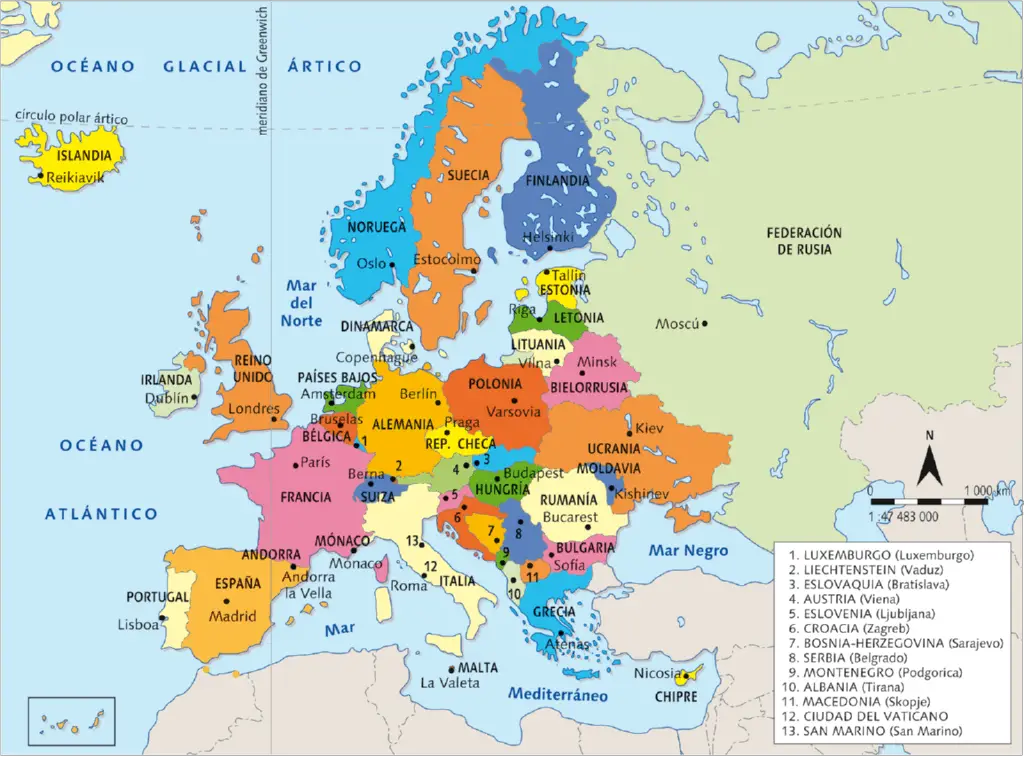 Listado de los cincuenta paises que conforman europa junto con sus capitales