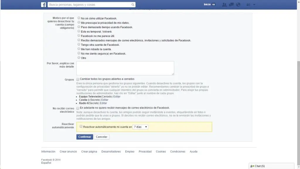 Desactivar cuenta Facebook